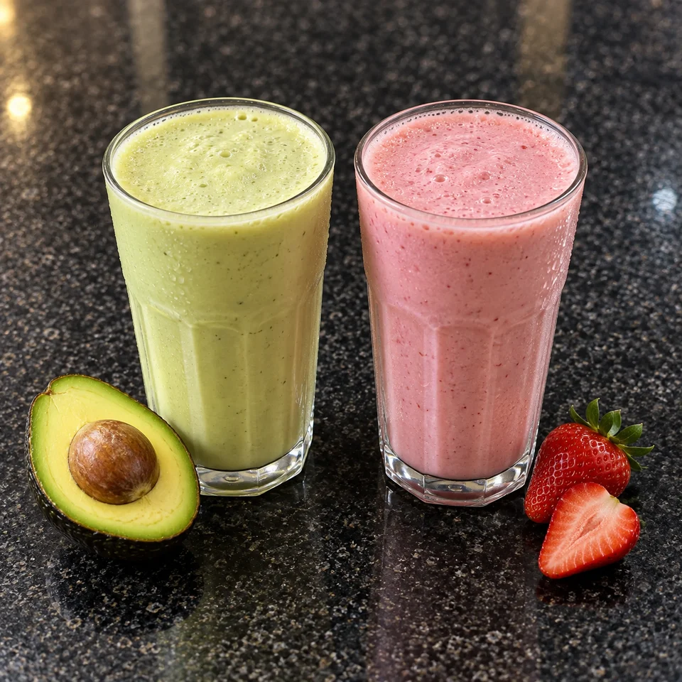 Avocado and strawberry milkshakes with an avocado half and fresh strawberries.