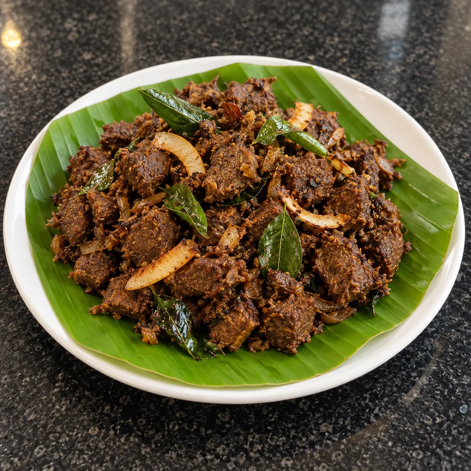 Kerala beef fry with toasted coconut slivers and curry leaves on a banana leaf.