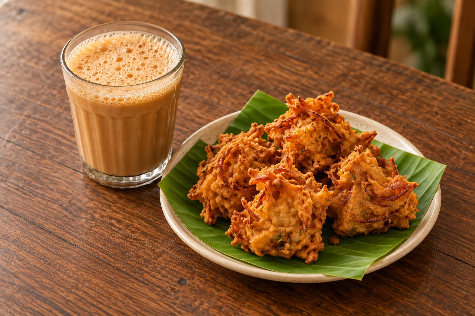 A glass of frothy milk tea beside crisp onion fritters on a banana-leaf-lined plate.