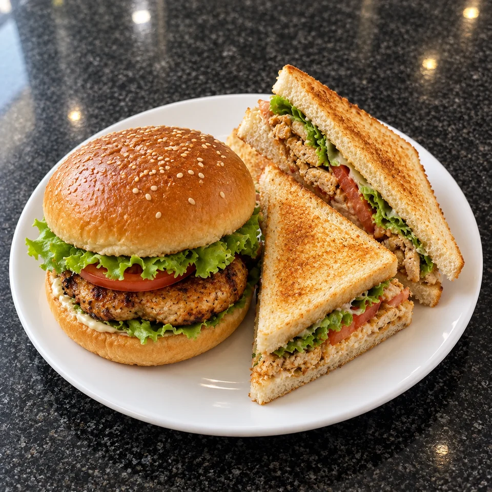A chicken burger and triangular chicken club sandwiches on a white plate.