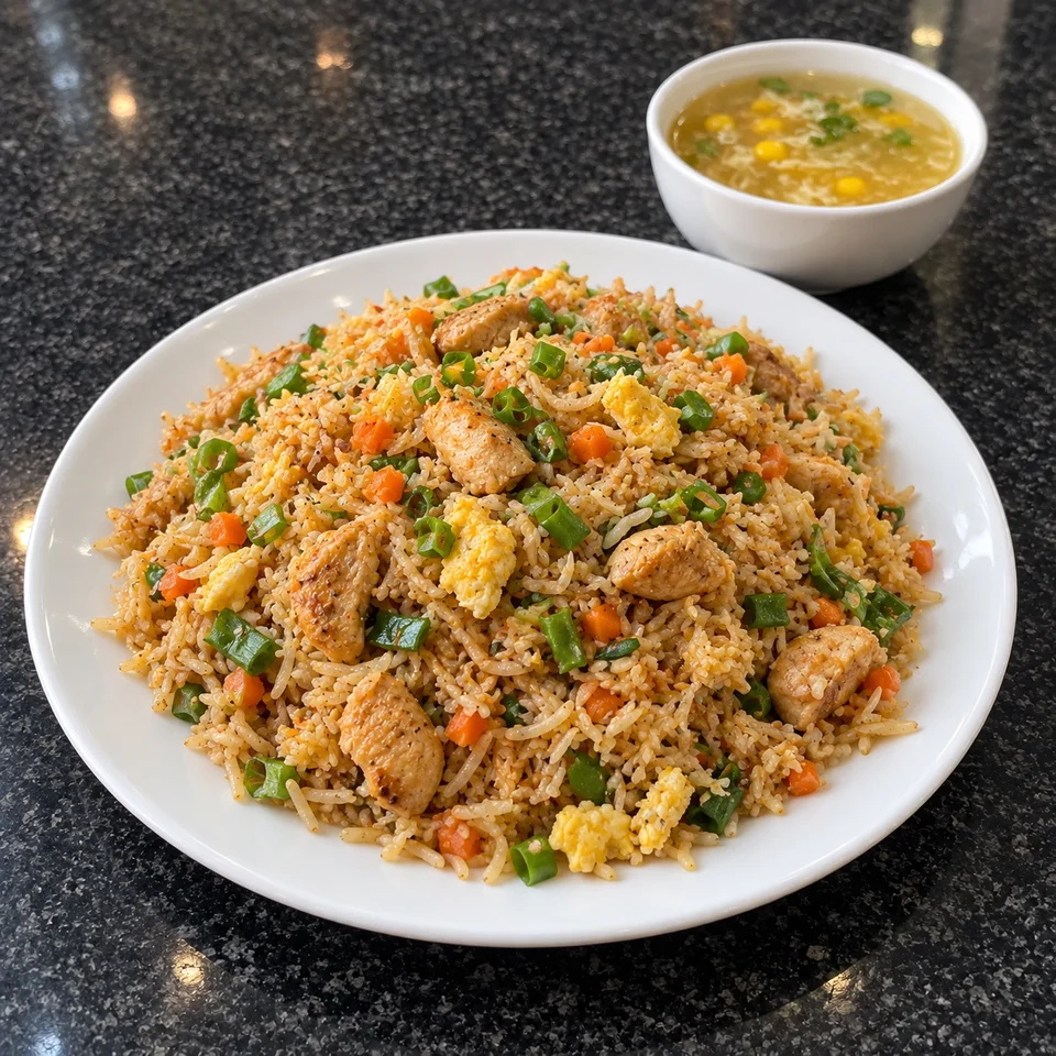 Chicken fried rice with vegetables and egg, beside a small bowl of sweet-corn soup.