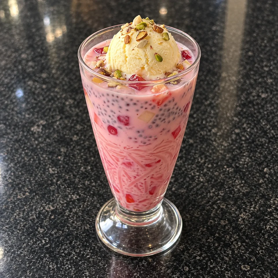 A glass of pink falooda with vermicelli, basil seeds, fruit and vanilla ice cream.