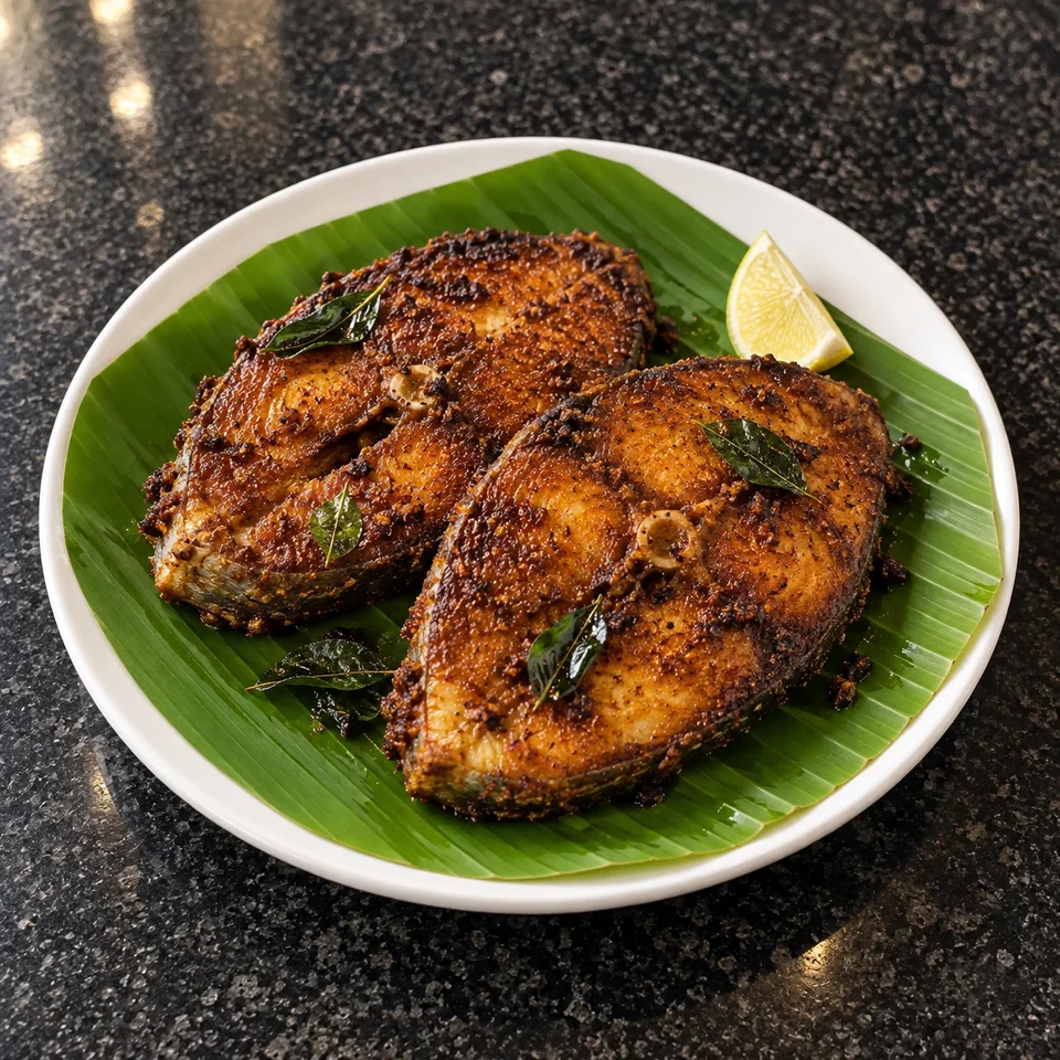Two spiced fish steaks with curry leaves and a lemon wedge on a banana leaf.