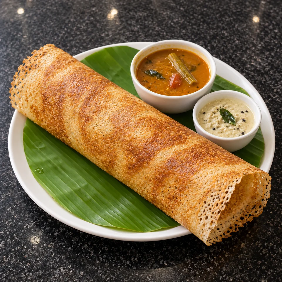 Golden ghee roast dosa with coconut chutney and sambar on a banana-leaf-lined plate.