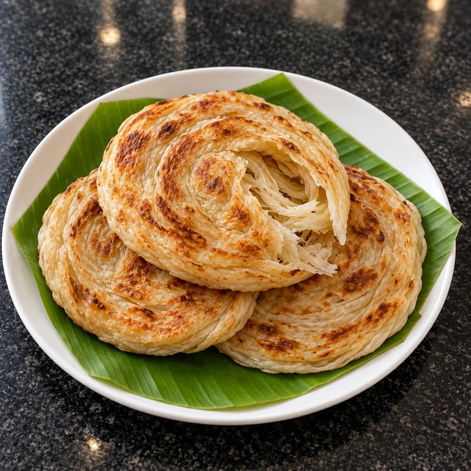 Three golden Kerala porottas with flaky layers on a banana leaf.