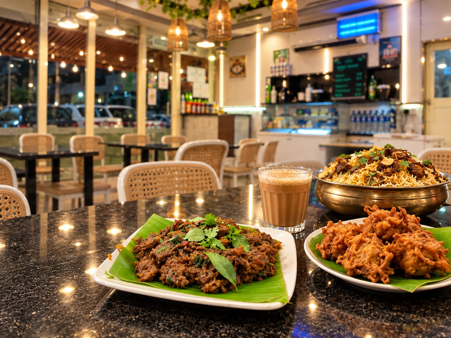 Corner Meals table spread with biriyani, snacks and chaya inside the cafe.
