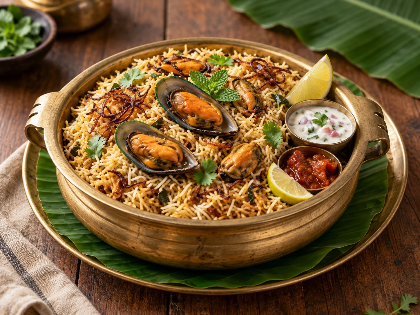 Mussels biriyani in a brass bowl with fried onions, fresh herbs, lemon, raita and pickle.
