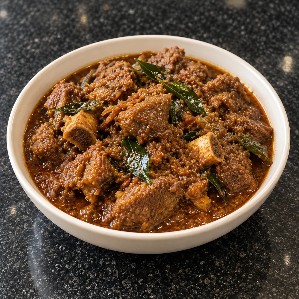 Mutton pieces in a thick brown curry with curry leaves, served in a ceramic bowl.