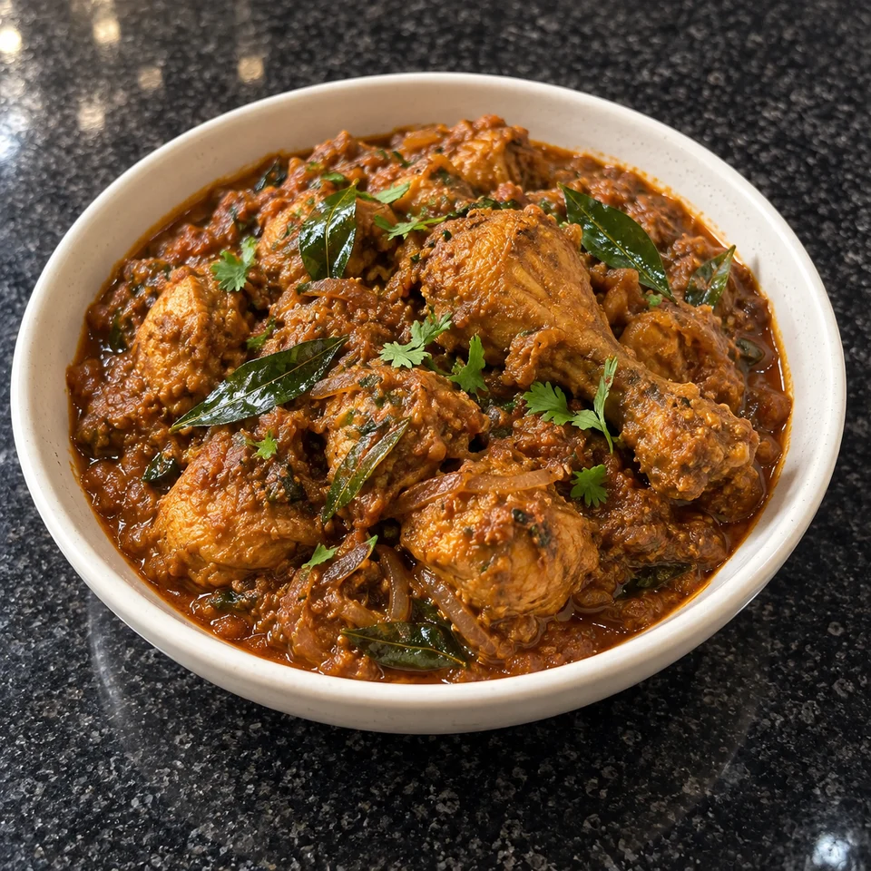 Nadan chicken curry with bone-in chicken pieces and curry leaves in a ceramic bowl.