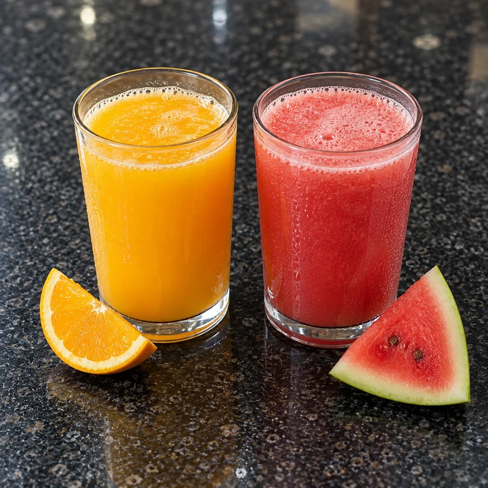 Glasses of orange and watermelon juice beside fresh fruit on a dark tabletop.