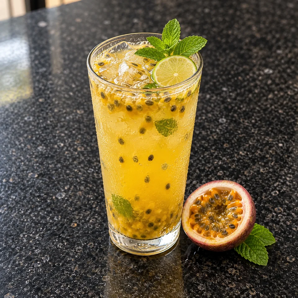 Passion-fruit cooler with ice, mint and lime beside a halved passion fruit.
