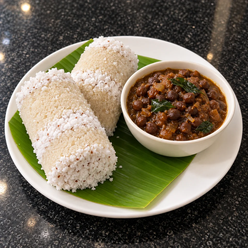 Steamed rice puttu with grated coconut and a bowl of kadala chickpea curry.