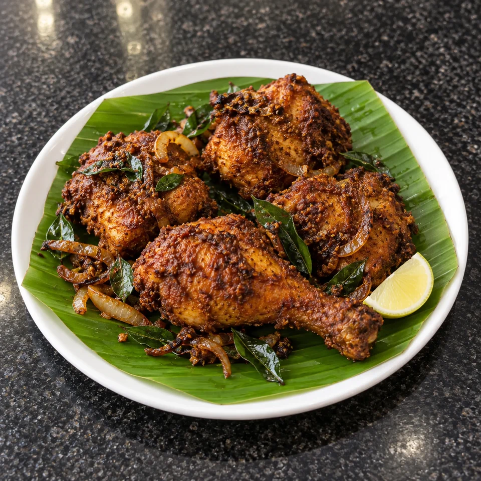 Kerala-style chicken fry with crisp spiced skin, curry leaves and lemon.