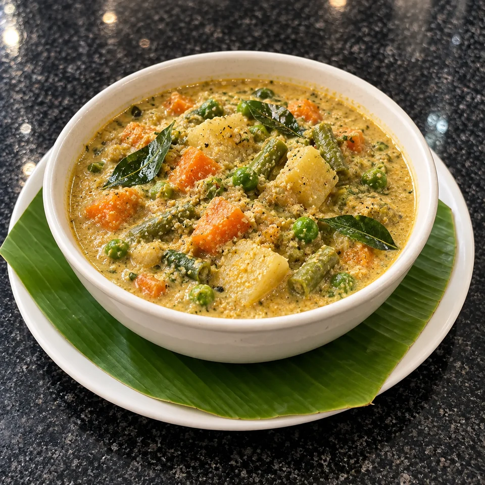 Vegetable kuruma with carrots, potatoes, peas and green beans in coconut gravy.